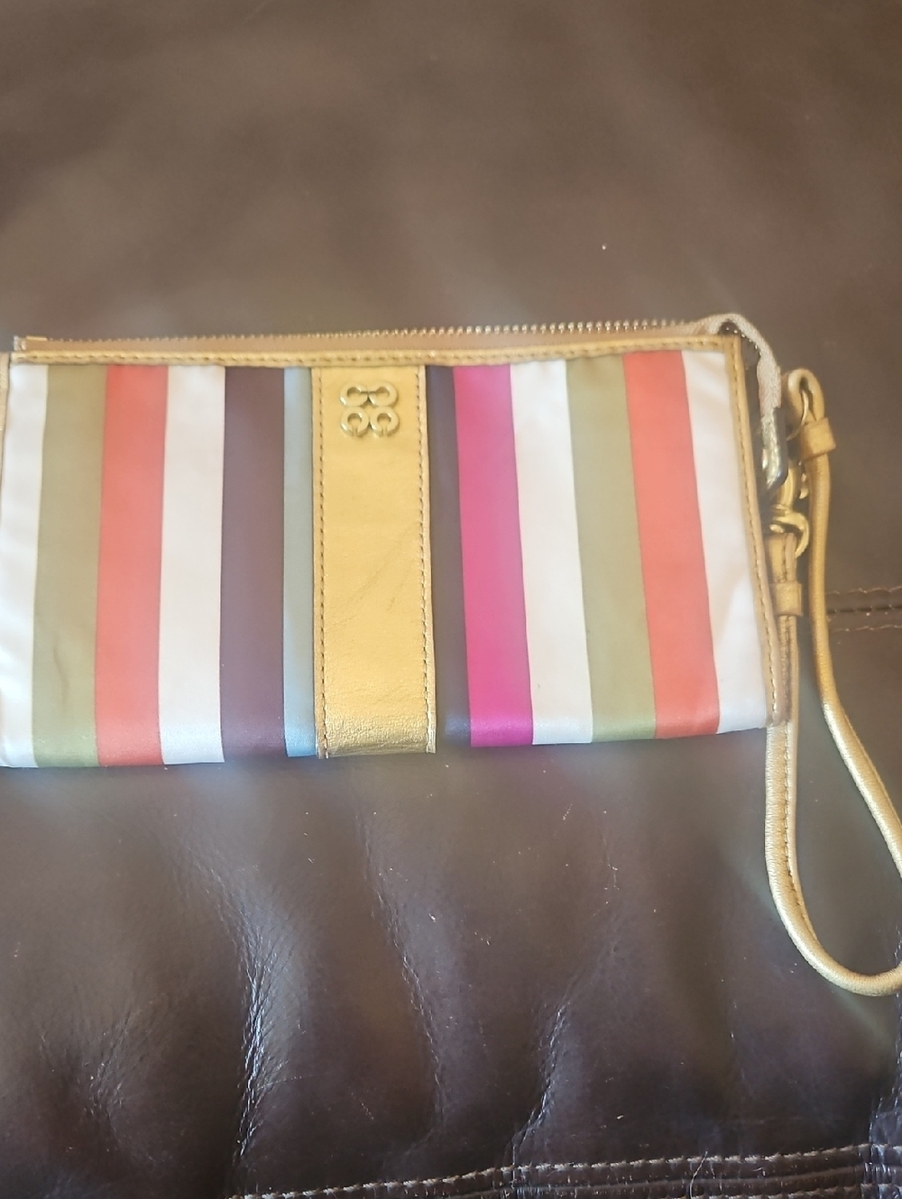 Coach Striped Multi-Color Wristlet Clutch with Gold Trim